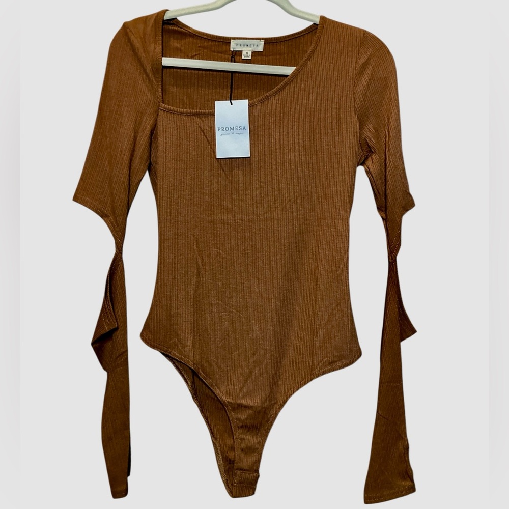 Promesa Ribbed Long Sleeve Bodysuit elbows out asymmetrical neckline